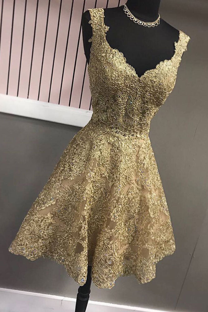 Gold v neck lace short prom dress, gold ...